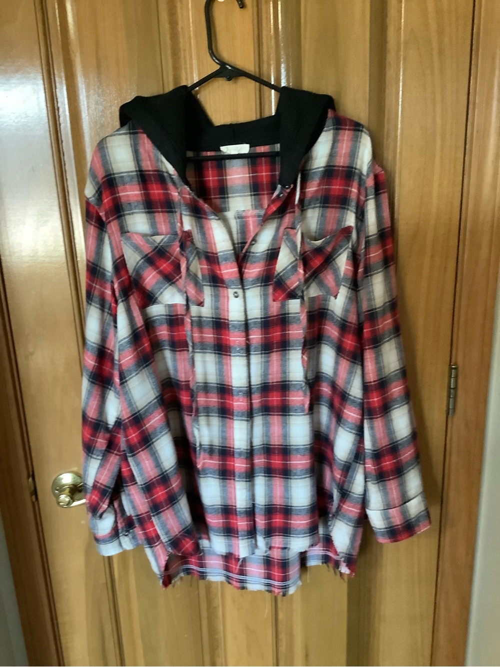 LA MIEL Red, Black and White Plaid Hooded Button-Up Shirt